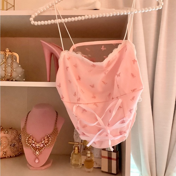 Tops - Pink Lace Trim Tank Top